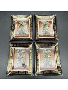 Cera Smoked Glass Etruscan Frieze Rectangular Trays Set of 4 - Vtg Mid Century